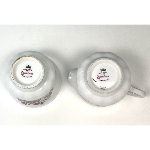 VTG QUEEN ANNE Handpainted Bone China Pink Rose CREAMER & SUGAR 8544 England EUC - Picture 5 of 5